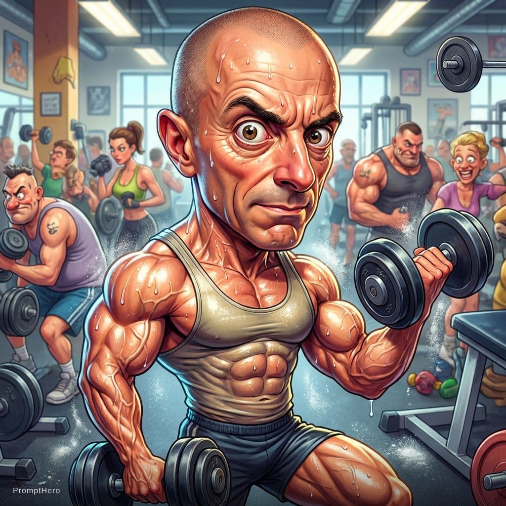 AI generated: funny caricature, ultra-fit enthusiast caricature, extremely toned body, balded, determined look, bi...