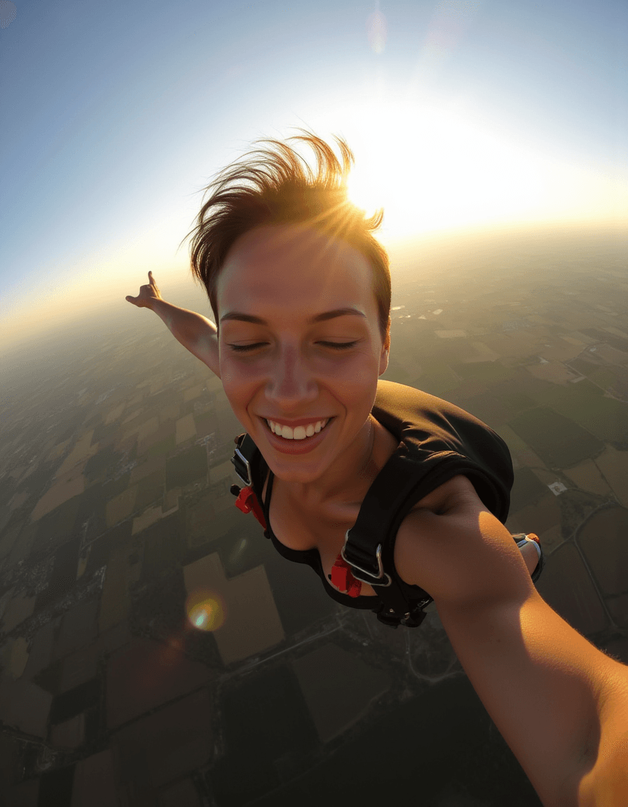 AI generated: A 32-year-old woman with short, wind-swept hair, captured in mid-air during a skydive. Her face show...