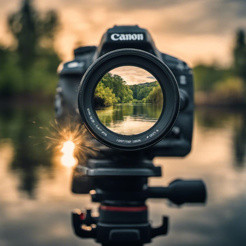 AI generated: a photo of a camera's lens, showing the river appears as a tranquil masterpiece waiting to be captur...