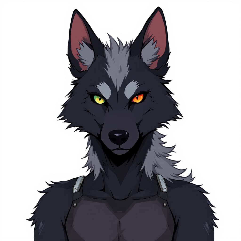 AI generated: Black Wolf fursona with gray highlights. It has extra wolf ears. It also has 2 pairs of extra eyes w...