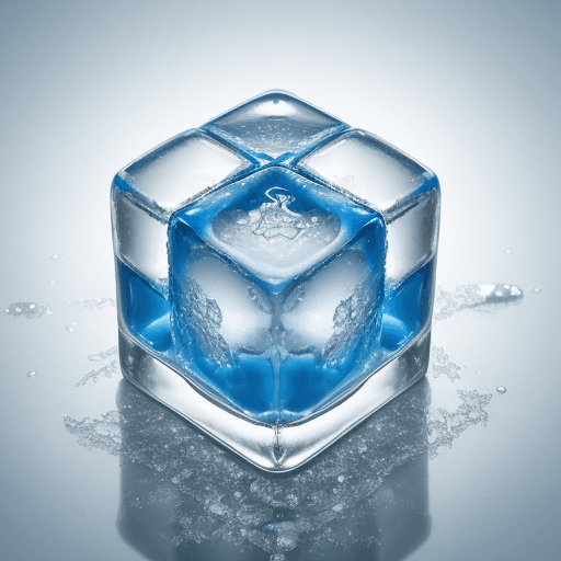 AI generated: blue ice cube with melt golden letters G and P inside