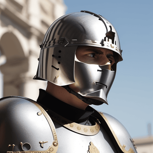 AI generated: Extreme low angle photo of a Roman legionary wearing his helmet and armor, he is awaiting for the st...