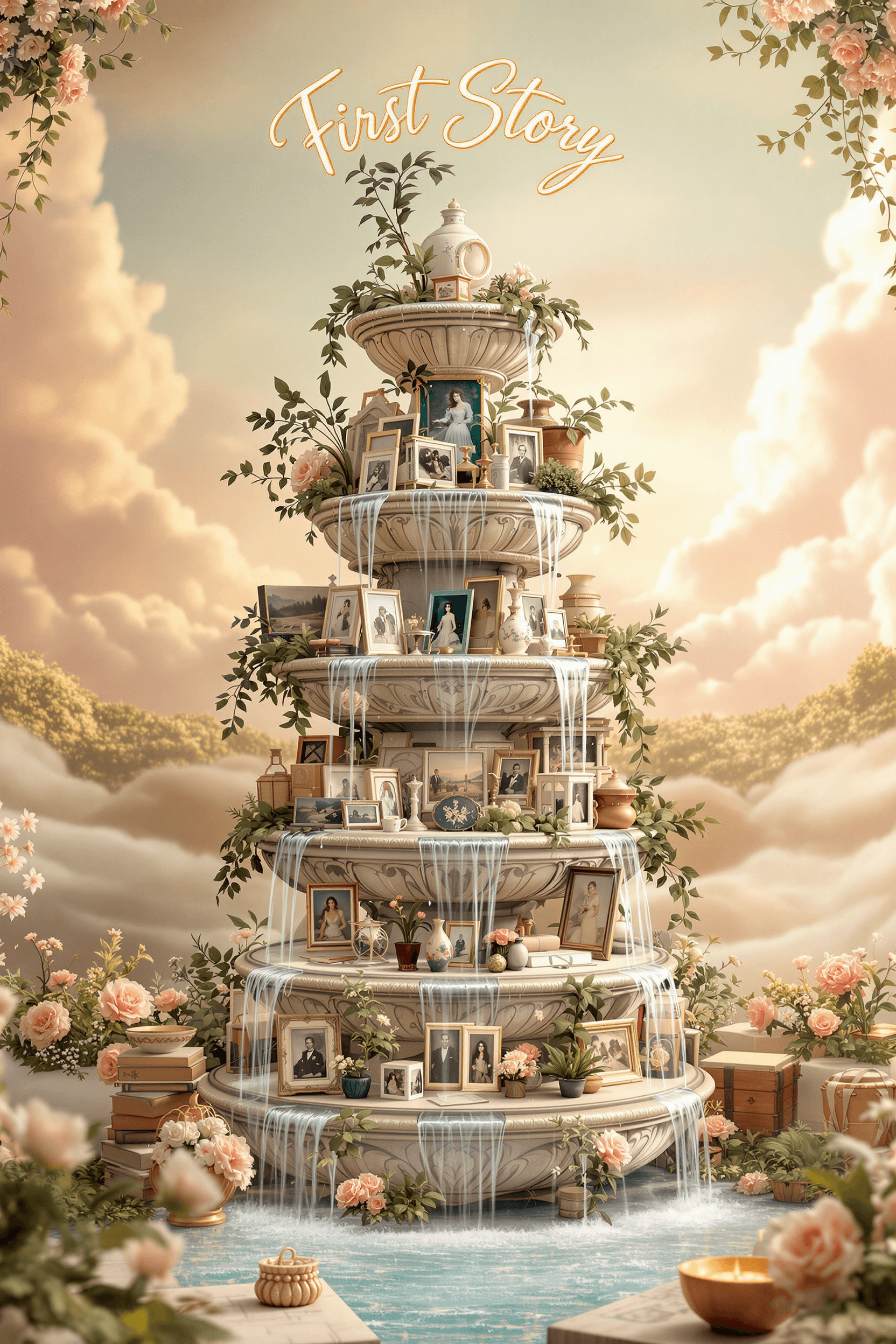 AI generated: In a mesmerizing 3D render, a multi-story room etagere is transformed into a tiered fountain, cascad...