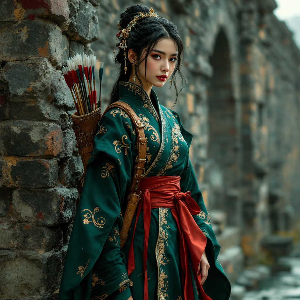 AI generated: A regal woman adorned in a majestic dark green robe with delicate, swirling gold embroidery, reminis...