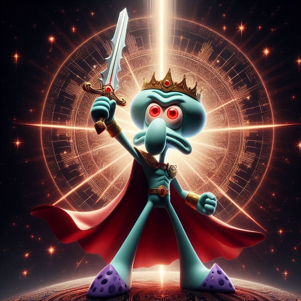AI generated: Mr.Squidward is the mightiest god wielding his sword, red eyes, heroic pose, divine and celestial li...