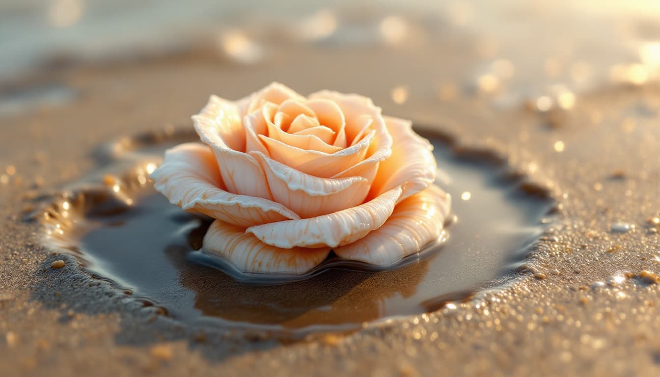 AI generated:  a close view of a rough sea shell in 3d, shaped like a rose, resting on the beach surrounded by a s...
