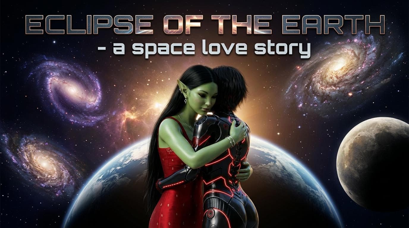 AI generated:  Make a movie poster in 16.9 with these two characters hugging in space with galaxies and planets. T...