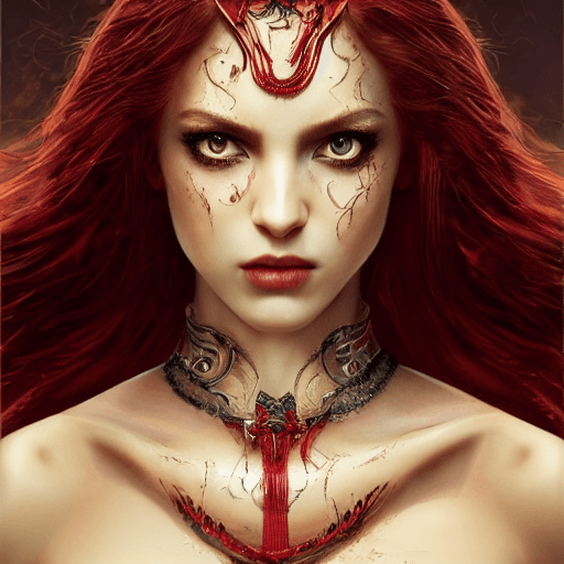 AI generated: a matte painting of an insanely beautiful female goddess of seduction, sharp focus on red eyes, insa...