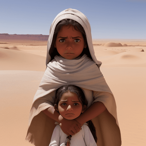 AI generated: Una oveja pequeña blanca con una niña campesina en un desierto