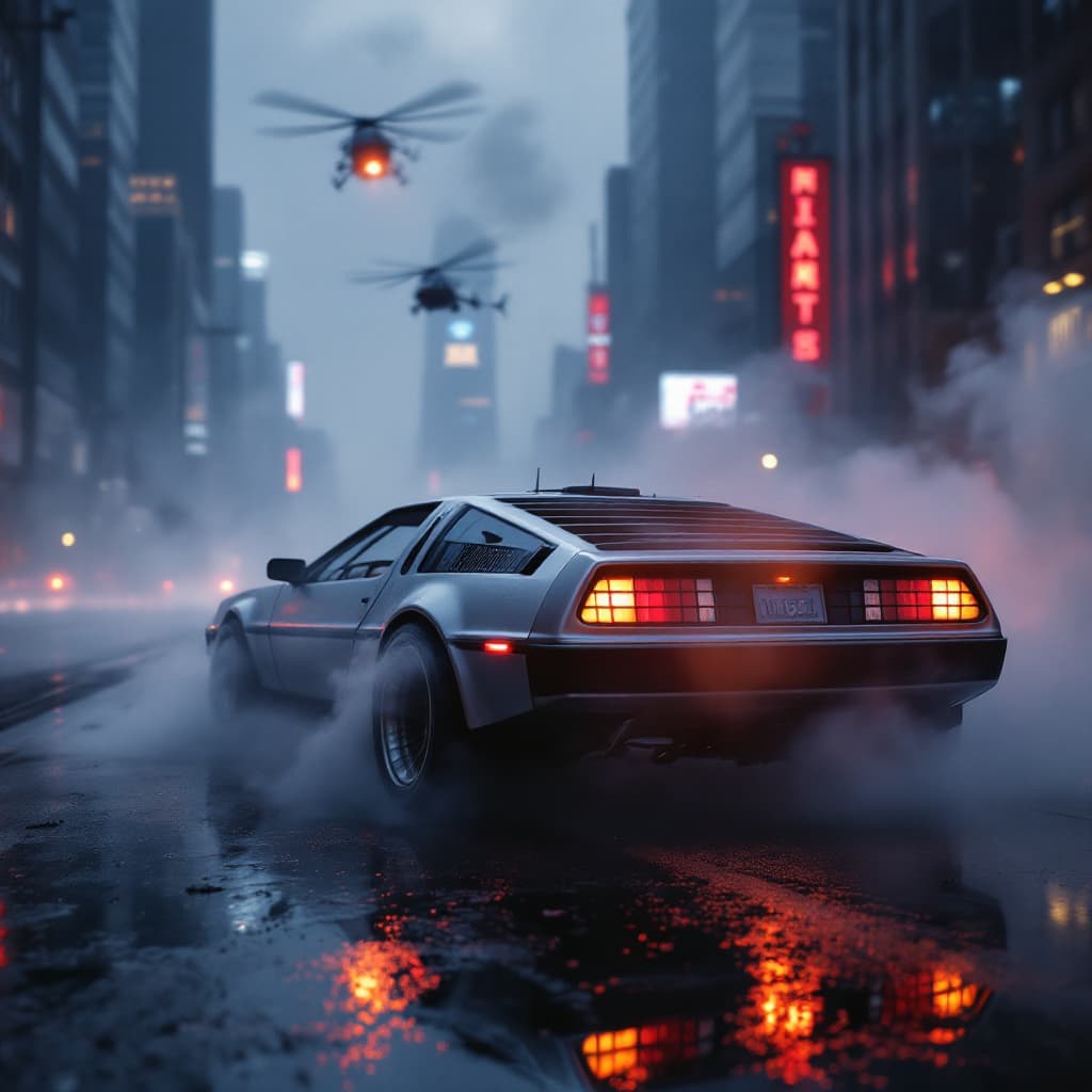 AI generated: A hyperrealistic, cinematic shot of a 80s delorian from a slightly elevated three-quarters front ang...