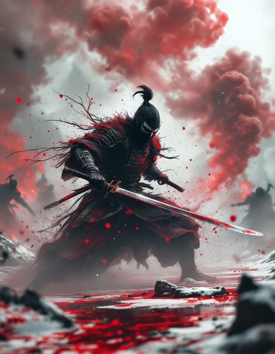 AI generated: A masked mystical samurai in mid-action on a grim Sengoku-period battlefield, wielding a glowing, et...