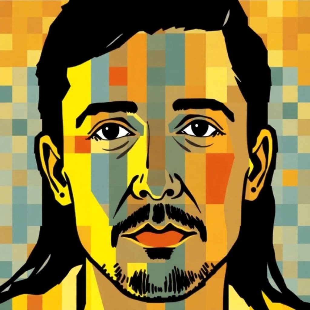 AI generated: illustration, art, man, face, gaze, mosaic, mondrian, consisting random colors, black outline, patte...