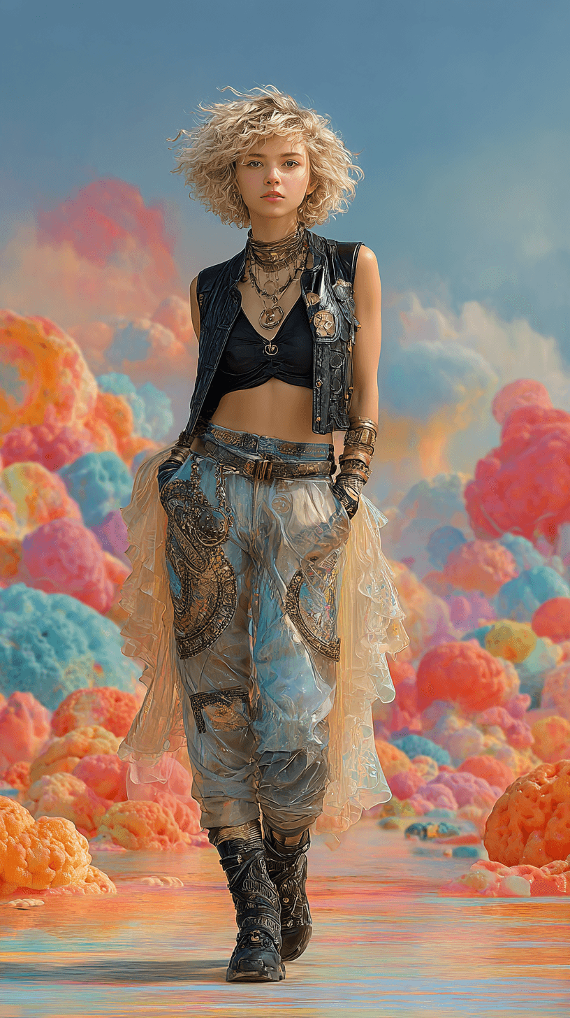 AI generated: Full-length portrait of a French woman in an astropunk style, standing confidently on a futuristic b...