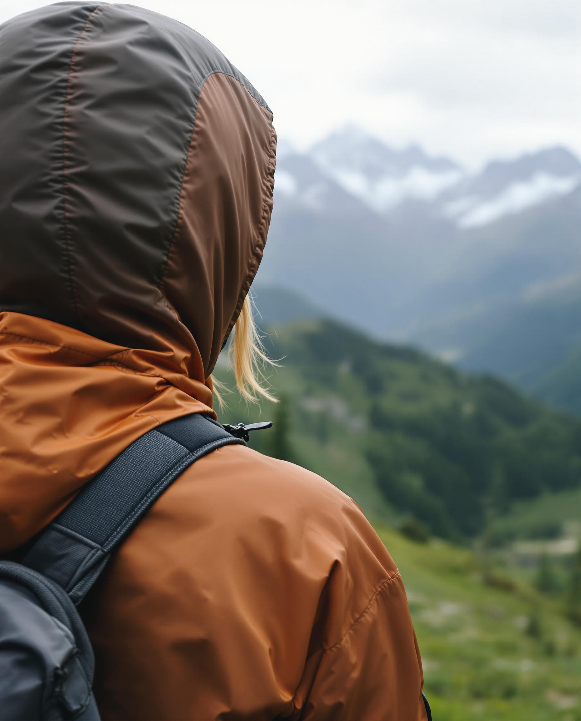 AI generated: realistic photograph of a woman standing on a moutain far away, at a distance, covered in waterproof...