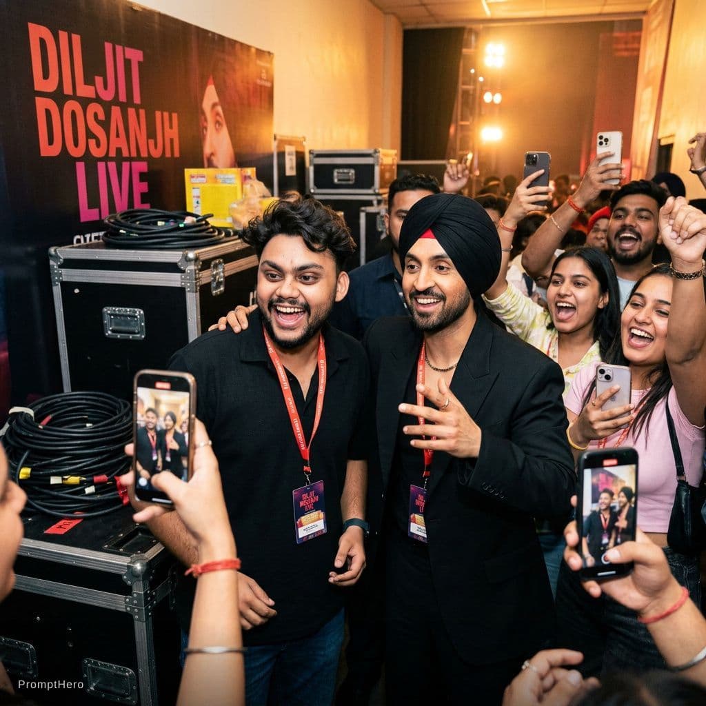 AI generated: with Diljit Dosanjh backstage at a concert, excited fans vibe