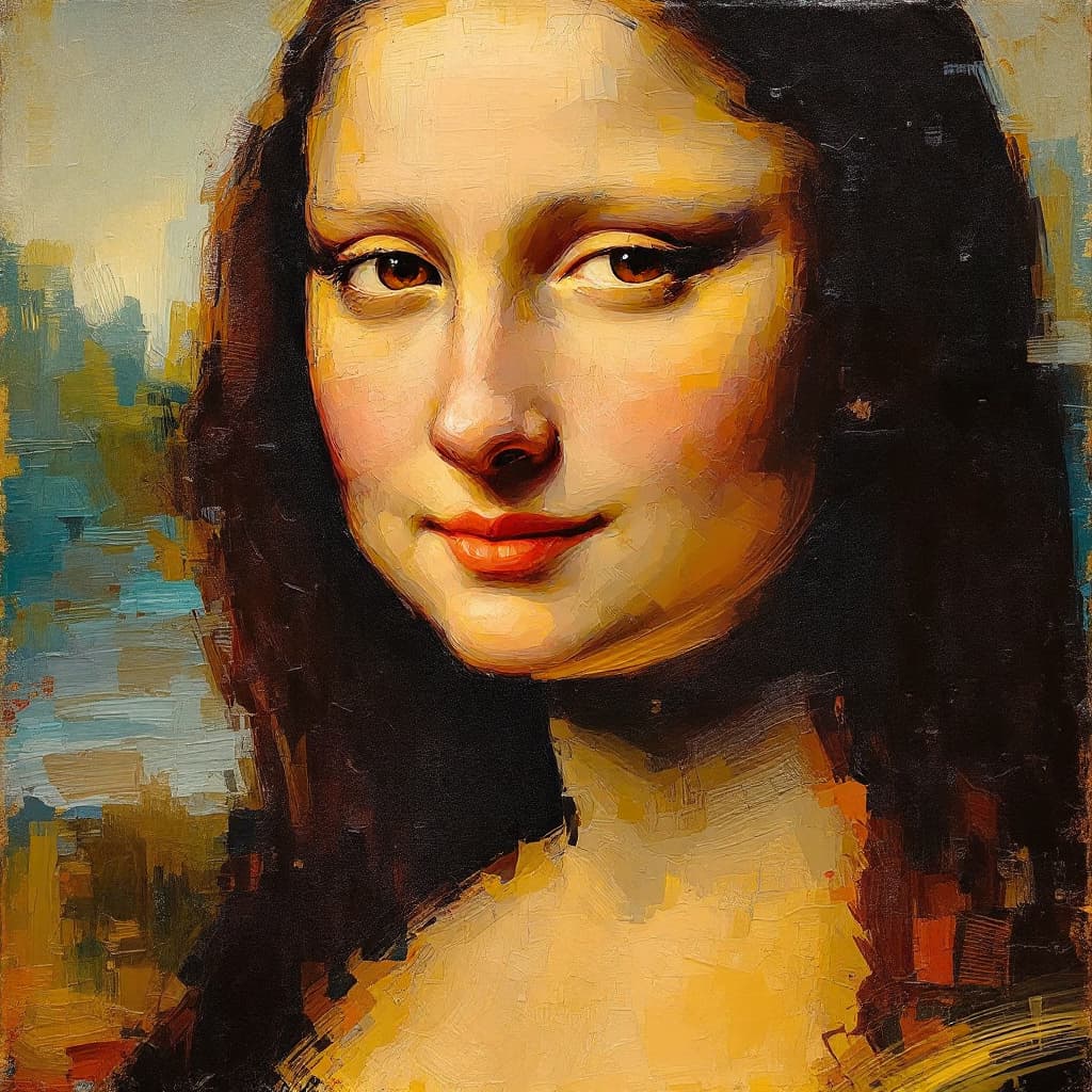 AI generated: oil on canvas, impressionist tendencies, painting ofMona Lisa natural lighting, and warm tones, in t...