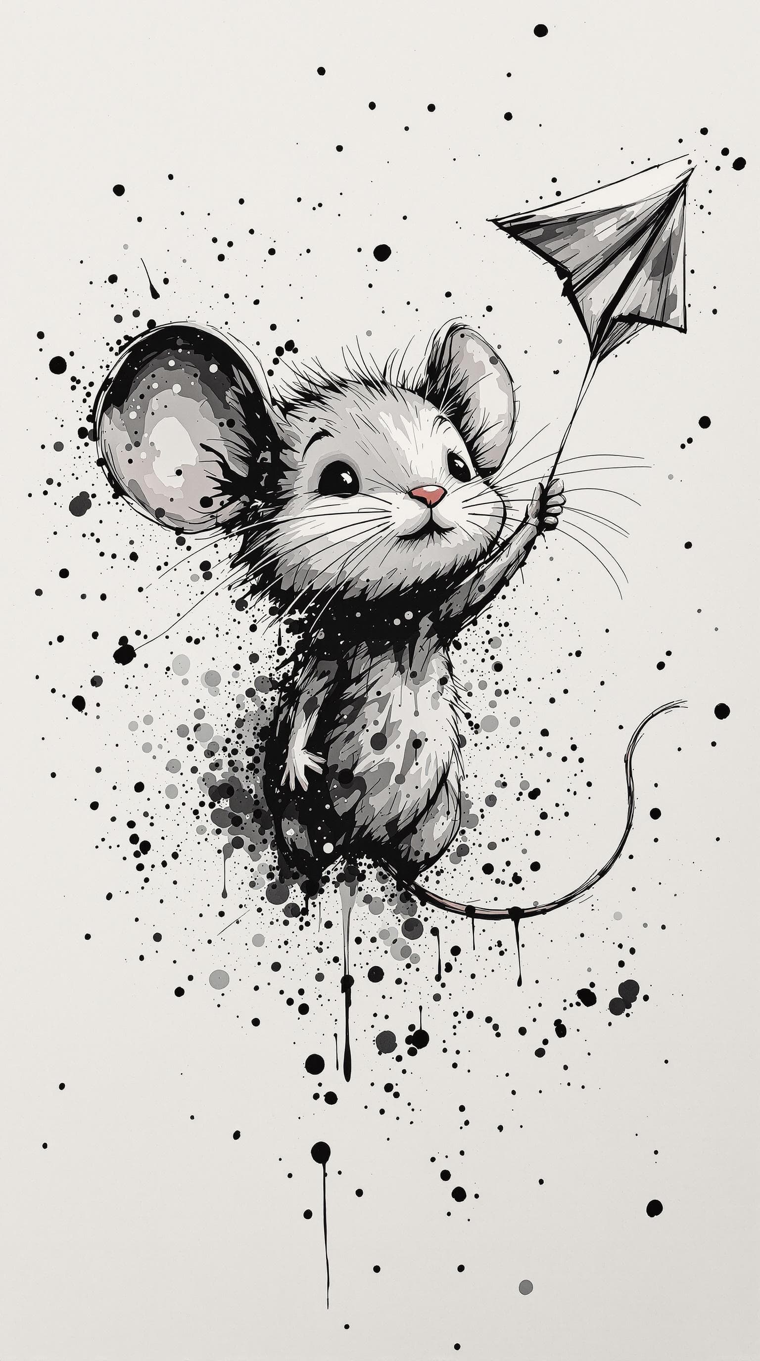 AI generated: cute Mouse with straight face flying a paper airplane, detailed,ink style,Ink splash art on the back...