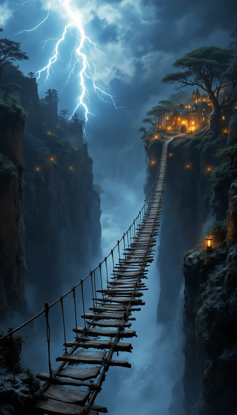 AI generated: A breathtaking and cinematic fantasy landscape depicting a long, weathered rope bridge stretching pr...