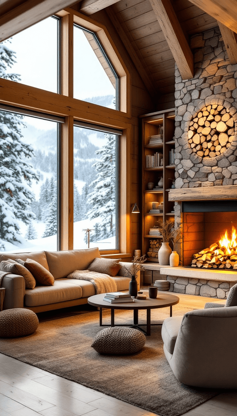 AI generated: a cozy living room in a wooden chalet, big fireplace, stacked firewood, big window with views of ski...