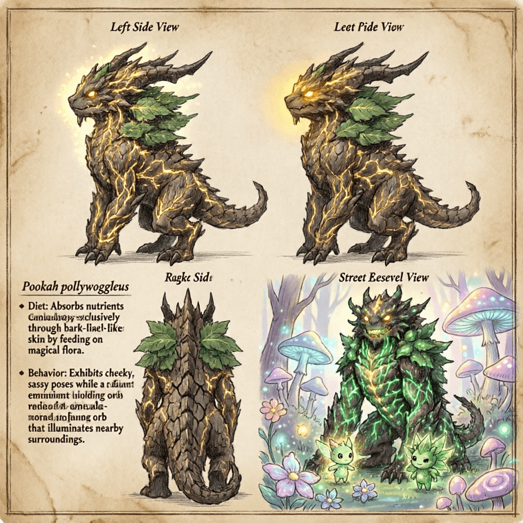 AI generated: A scientific record featuring a large, ancient gnarled Pookah Pollywoggle creature, illustrated in p...