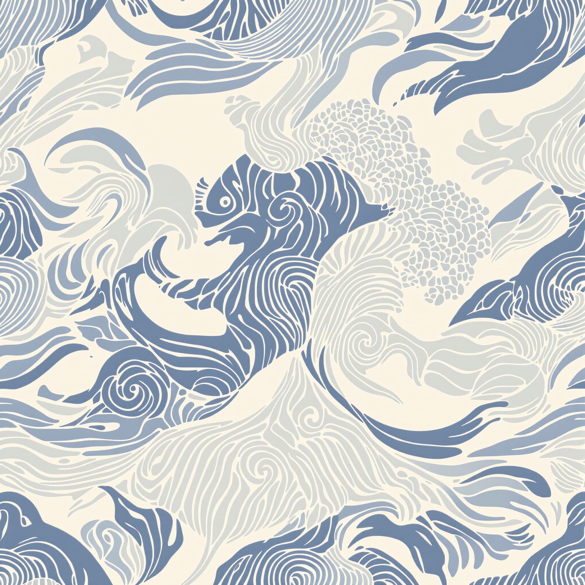 AI generated: "Seamless pattern with a luminous cream (#FAF3DD) background.  Abstract wave with Japanese fish insp...