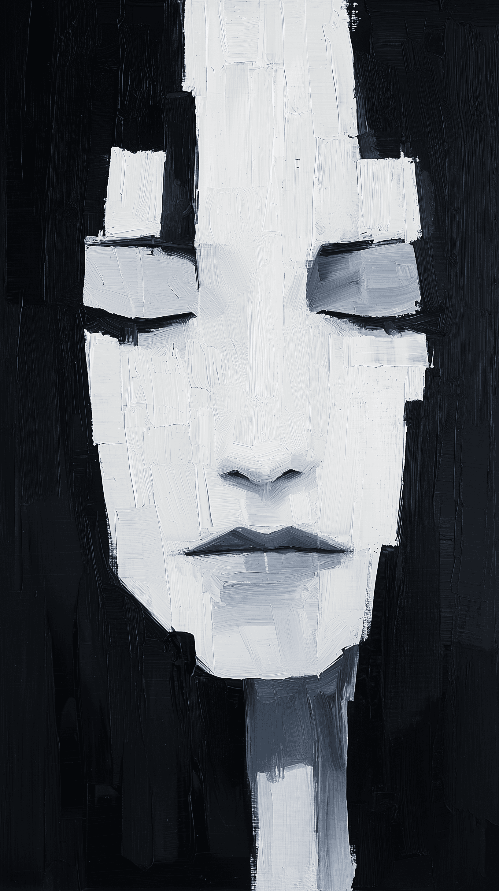 AI generated: oil painting, face, portrait of girl, grainy touch, minimalist avant-garde, rich detailing, many kni...