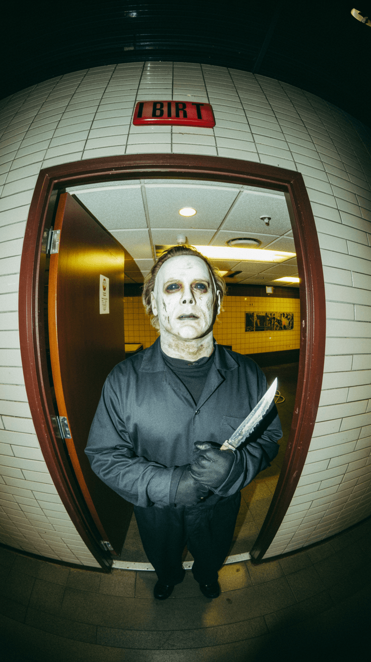 AI generated: overhead surveillance camera view, fisheye lens. Scary Michael myers stands at the entrance of a pub...