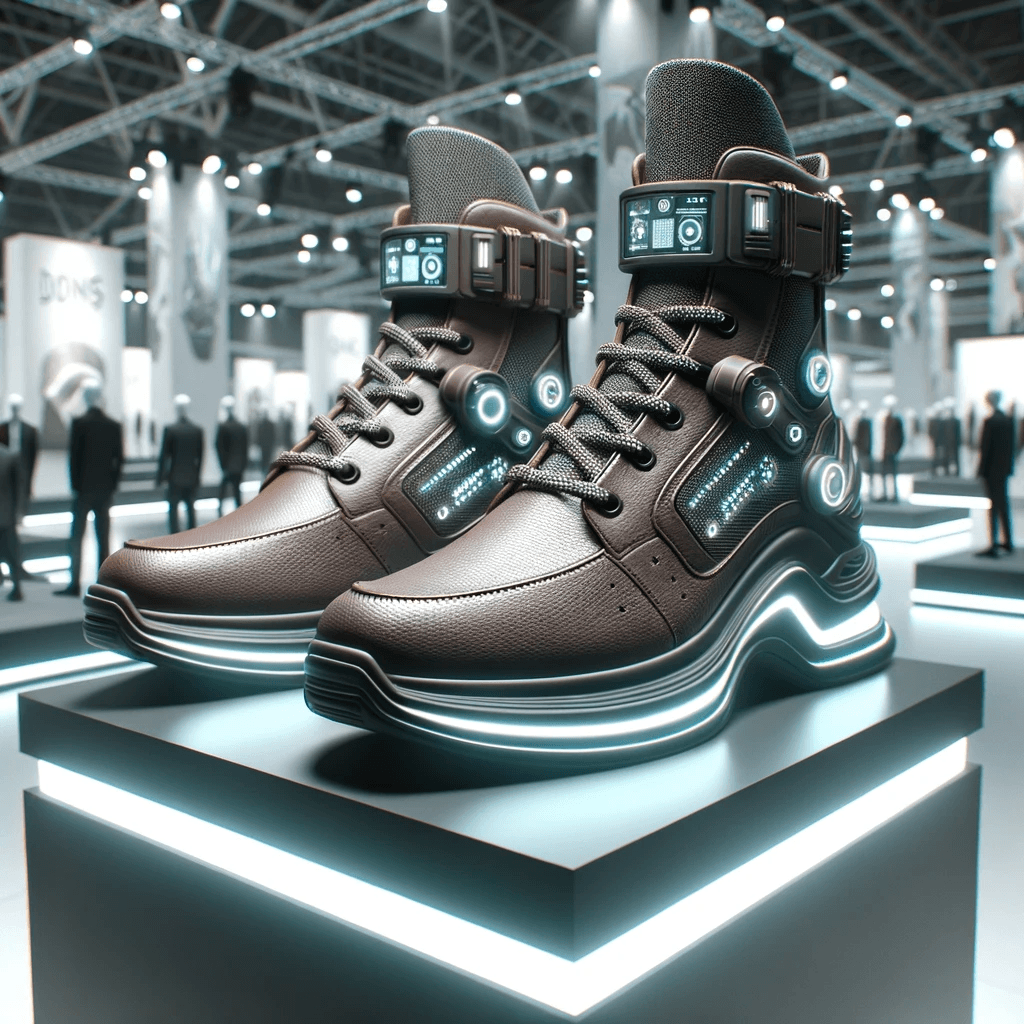 AI generated: Render of high-tech leather shoes on a pedestal at an exhibition. These shoes have custom laces and ...