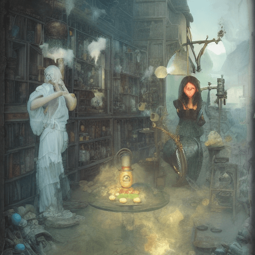 AI generated: potent potions apothecary, roadside popcorn monster,  by tom bagshaw as ruan jia  as lemonade guns, ...