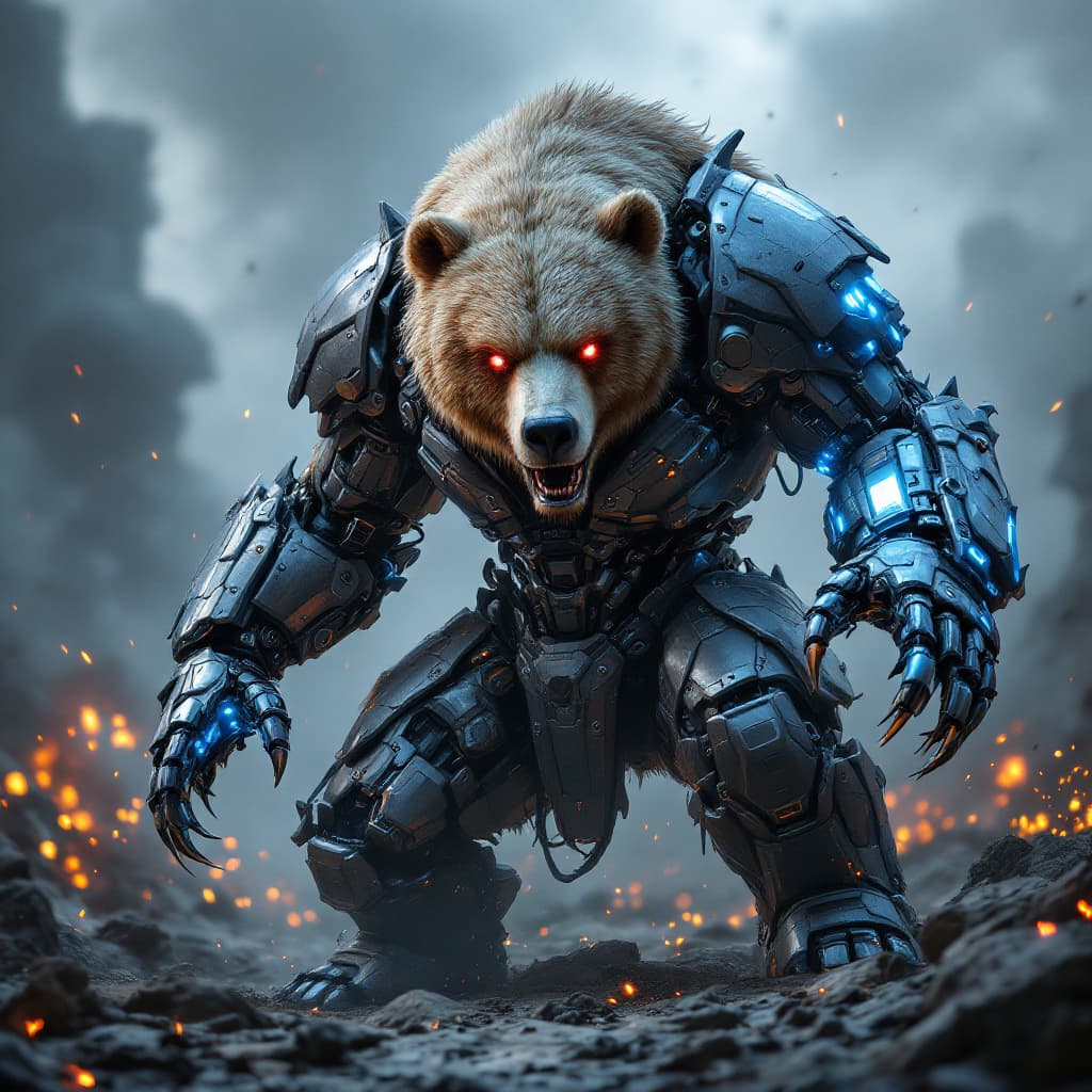 AI generated: A fierce bear fused with a cyborg warrior, its mechanical limbs glowing with blue energy, and a part...