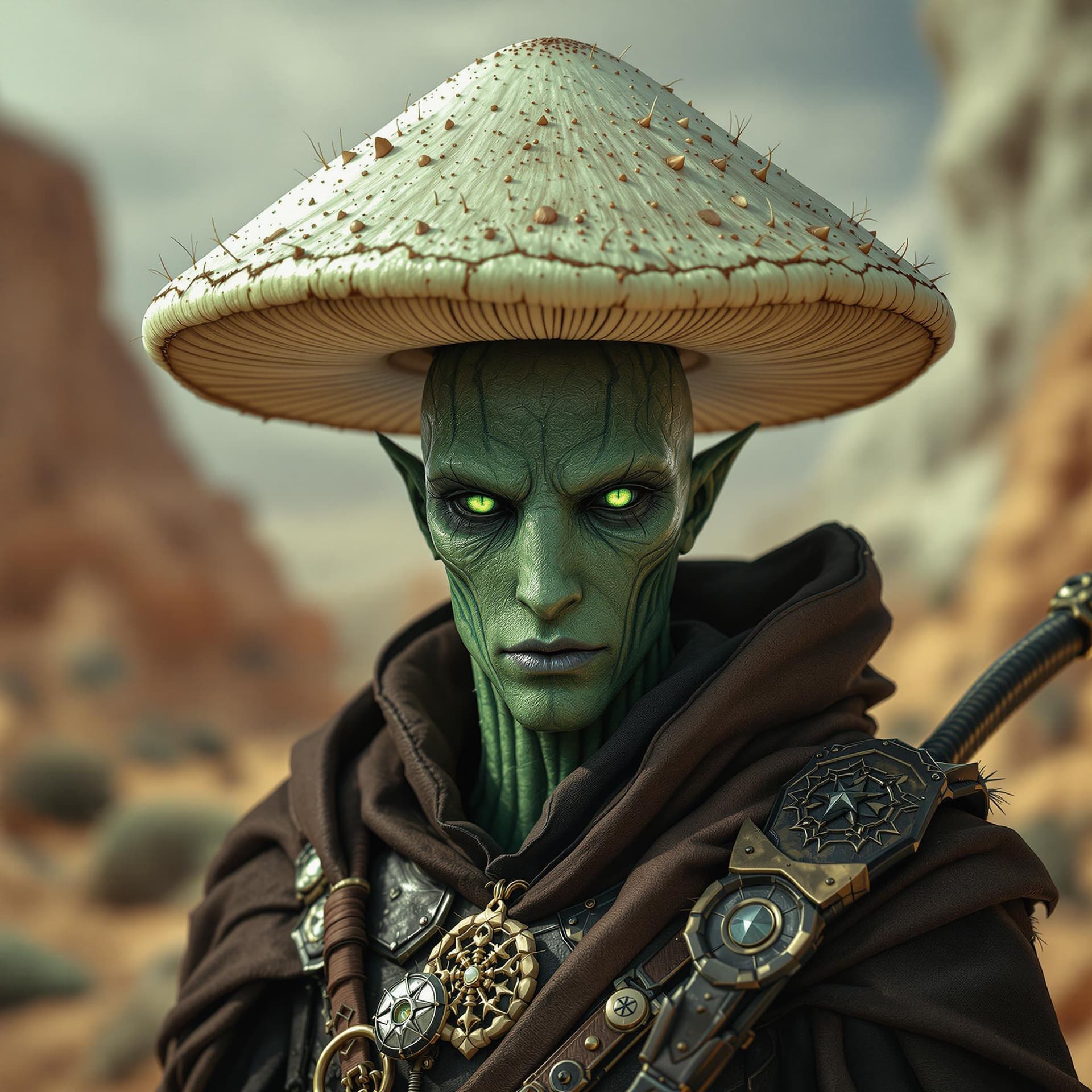 AI generated: ultra realistic photo, fantasy character portrait, anamorphic mushroom cactus featureless face!, hyp...