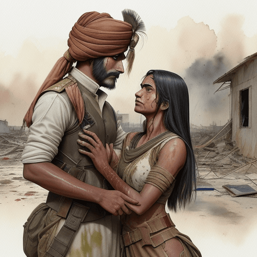 AI generated: Watercolor scene of an Indian soldier, his attire stained with signs of combat, holding a female def...