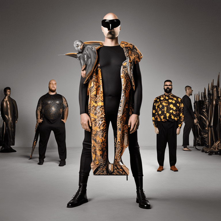 AI generated: Ultra-wide angle of middle-high of full body view showing a shaved head and slim body with little be...