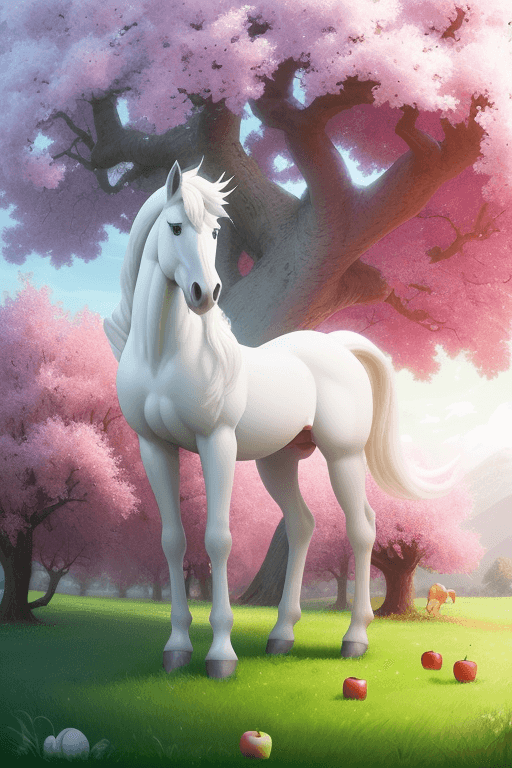 AI generated: digital art of a beautiful white horse pokemon under an apple tree, cartoon style,Matte Painting,Mag...