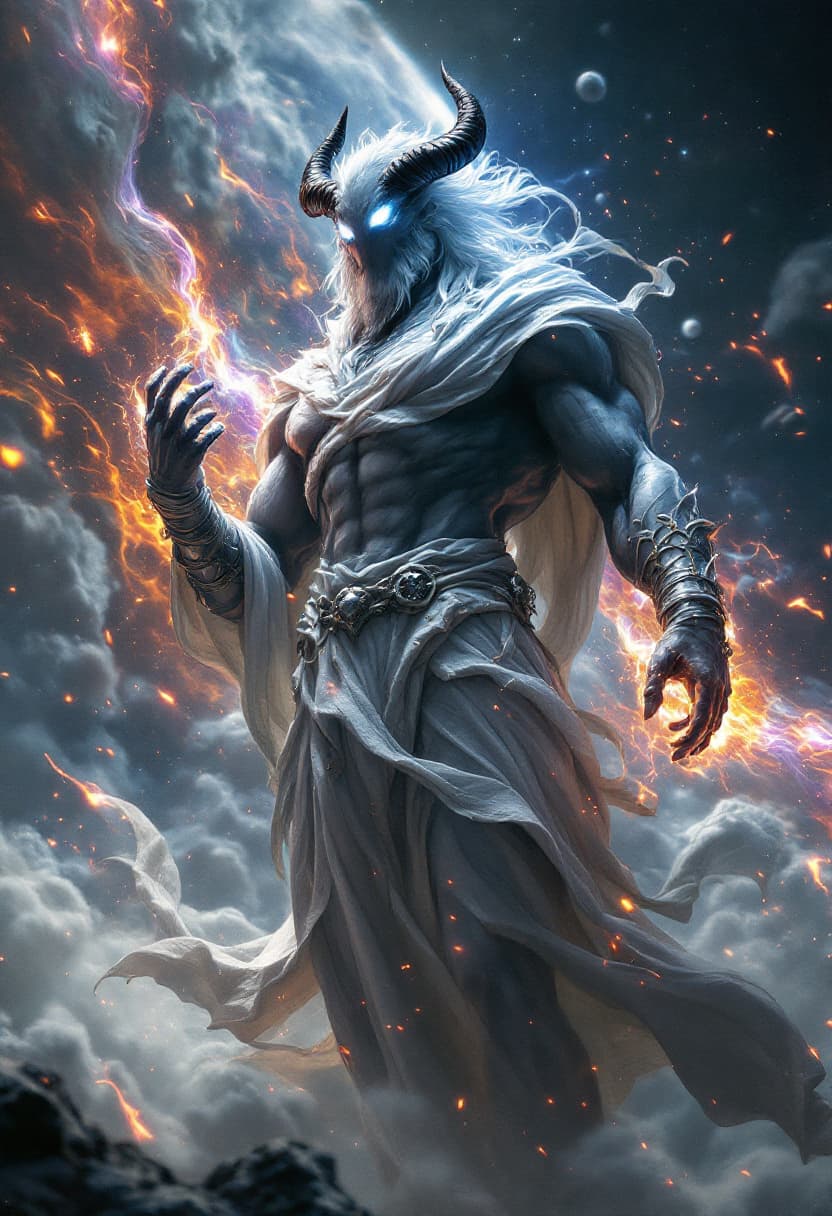 AI generated: God of Health, full-body, Etherial, muscular, No mouth or hair, Glowing white eyes, epic, cinematic,...