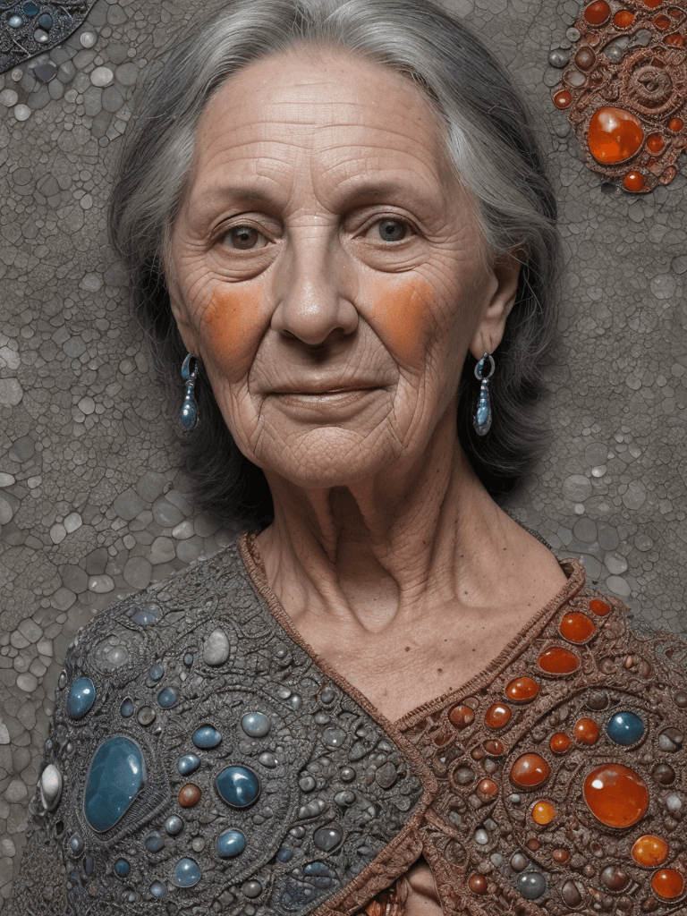 AI generated: A close-up picture of a beautiful old woman superimposed by  a collection of variously sized stones ...