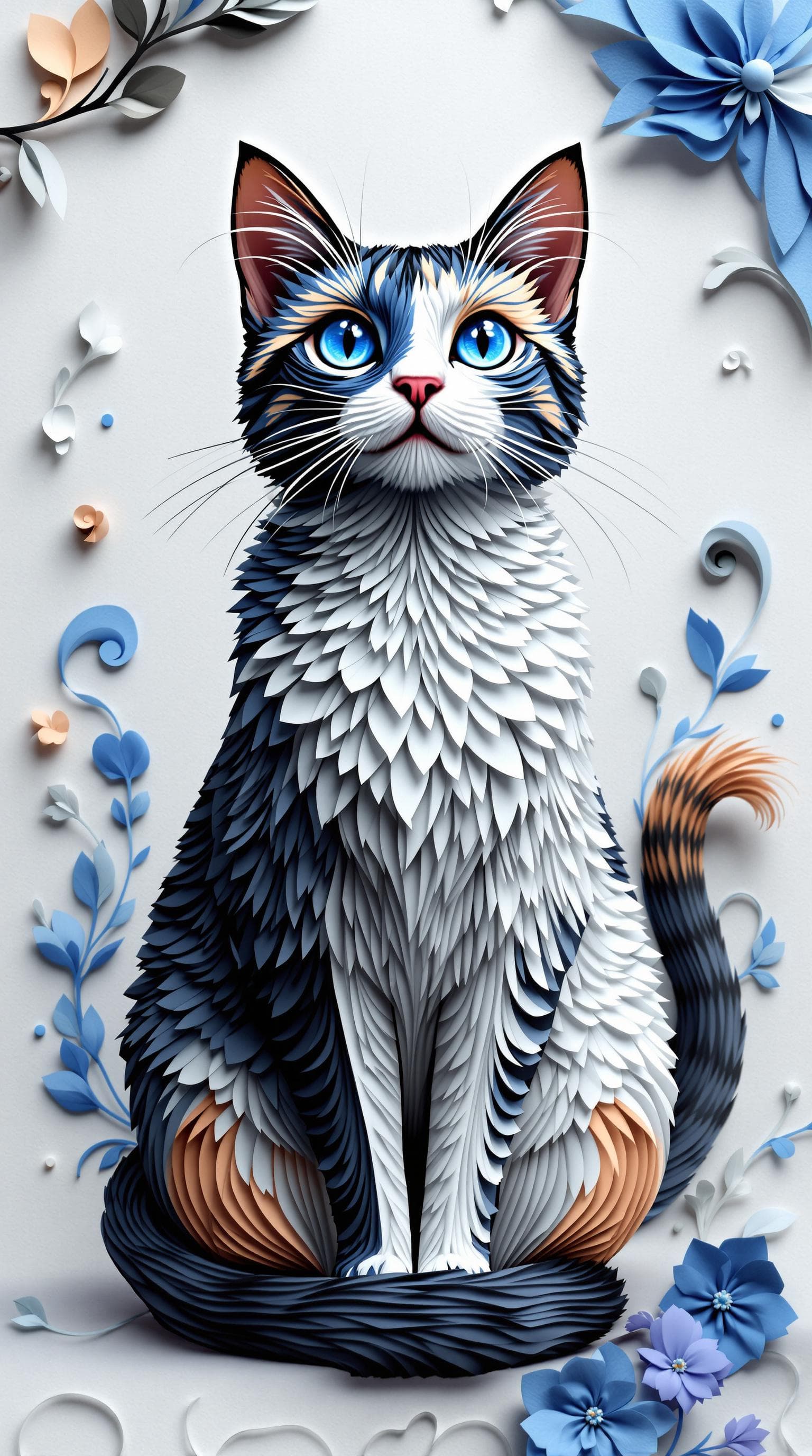 AI generated: 3d rendering, front view, beautiful cat, paper work for a tactile style, select a colour palette wit...