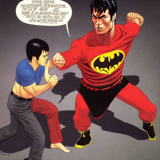 AI generated: red batman  fighting a bruce lee bartman