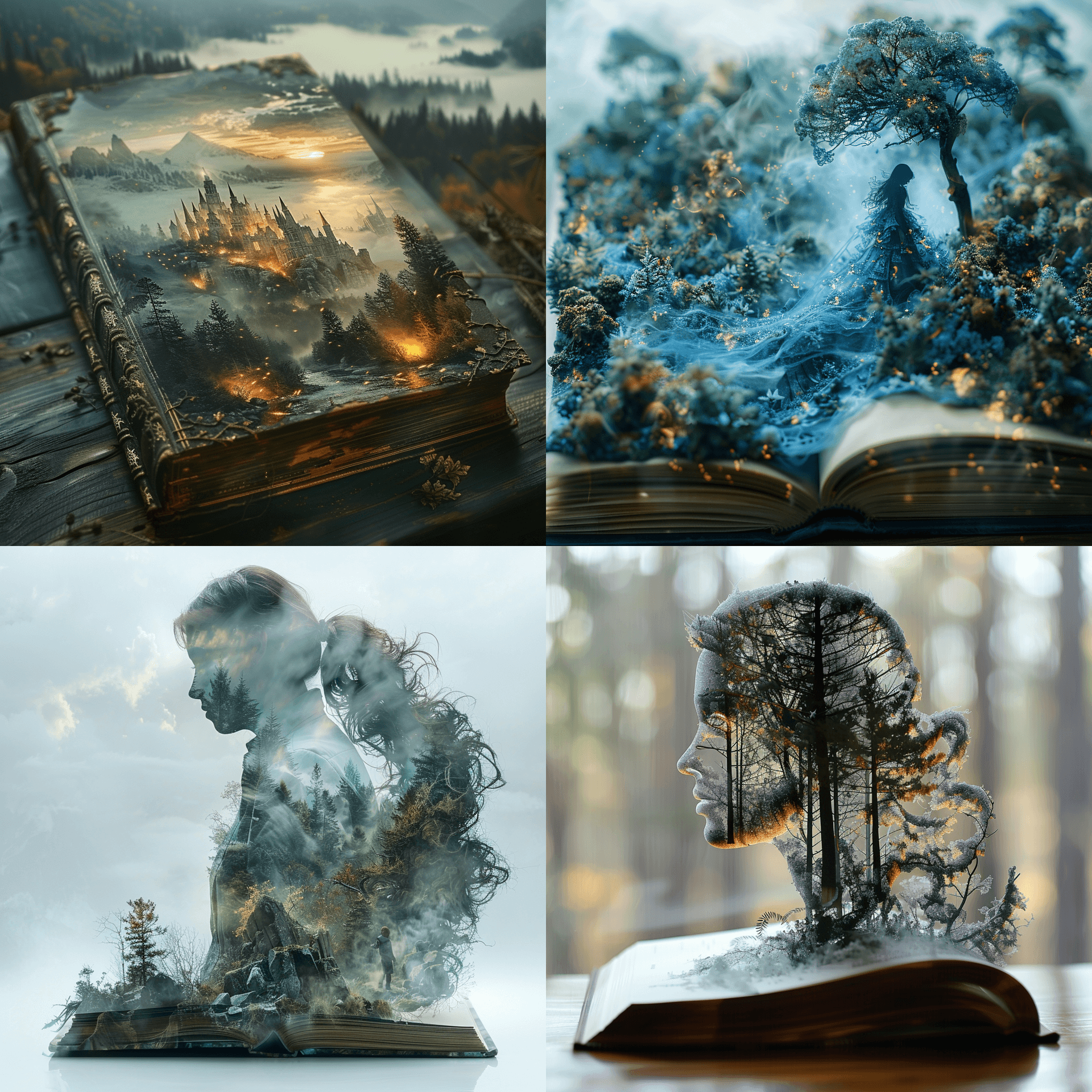 AI generated: Double exposure photography of a book with a fantasy scene, sharp focus, double exposure photography...