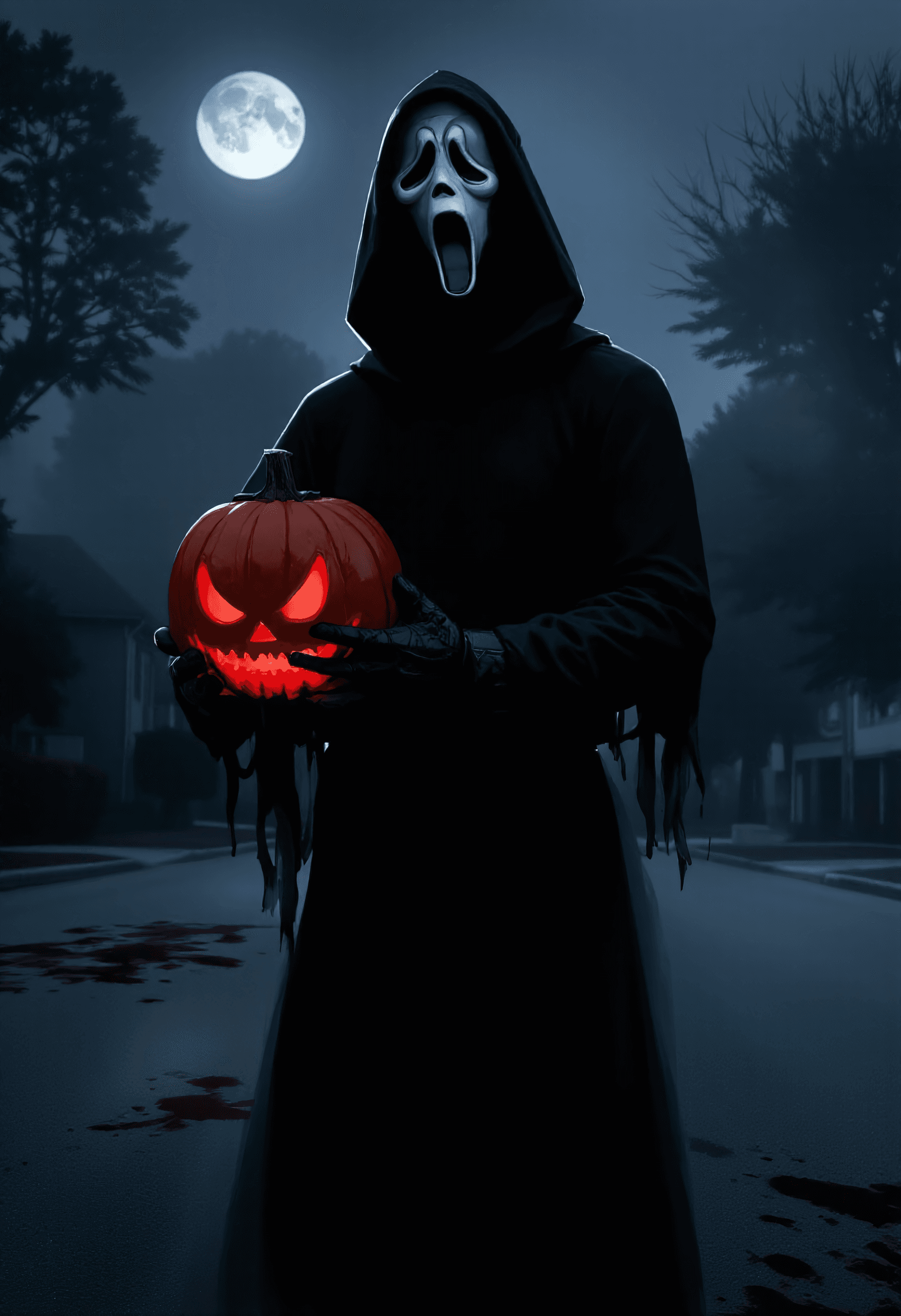 AI generated: hyperrealistic art <lora:Ghostface v1:1>, Ghostface, draped in his iconic black hooded robe, stands ...