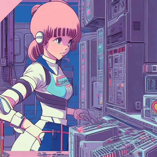 AI generated: 80s anime still, girl fixing a mech, retro fashion, muted retro colors, style of Dragons Heaven –ar ...
