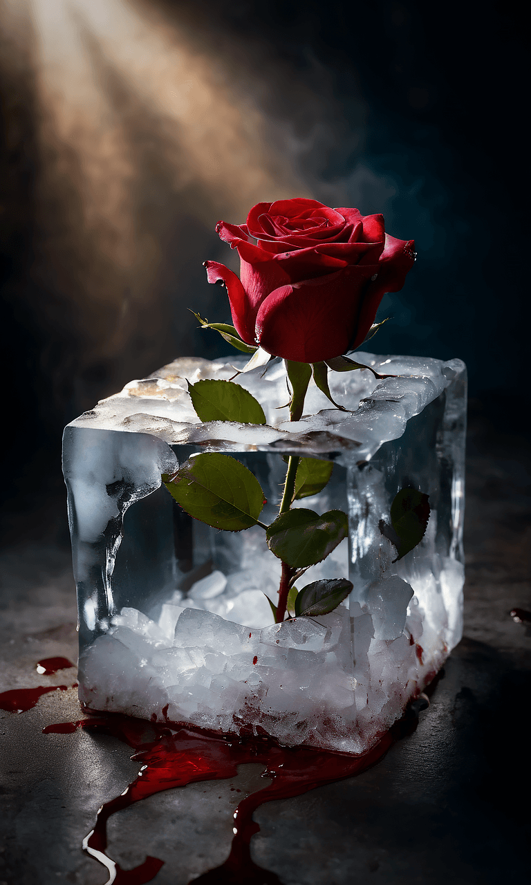 AI generated: close-up photo of a beautiful red rose breaking through a cube made of ice , splintered cracked ice ...