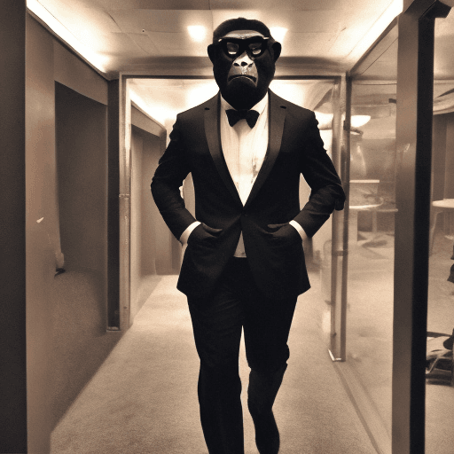 AI generated: A tough Gorilla in a suit and glasses. Standing at the face check in the club. Beautiful shot, cinem...