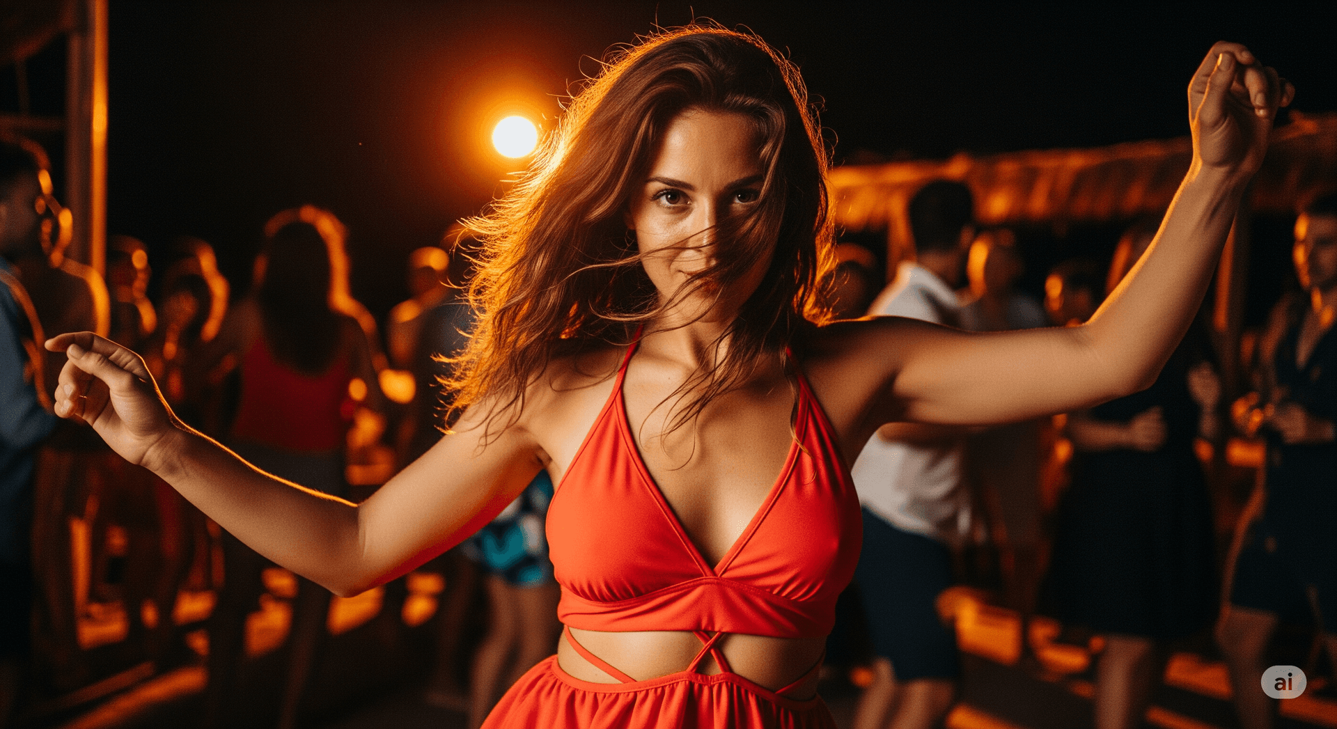 AI generated: woman in a red summer dress - dancing at a spanish beach in the evening
