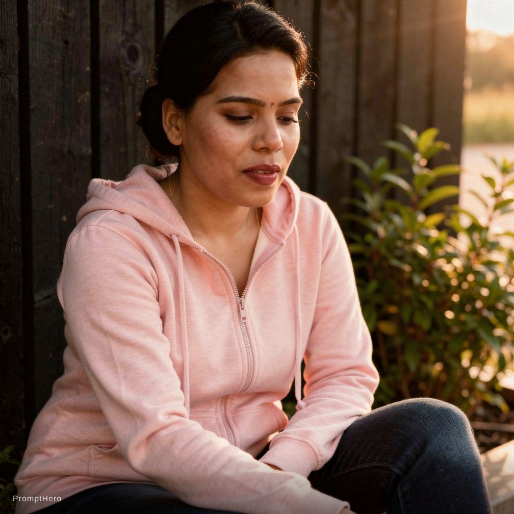 AI generated: A photorealistic close-up portrait of an adult woman sitting outdoors, bathed in warm, golden sunlig...