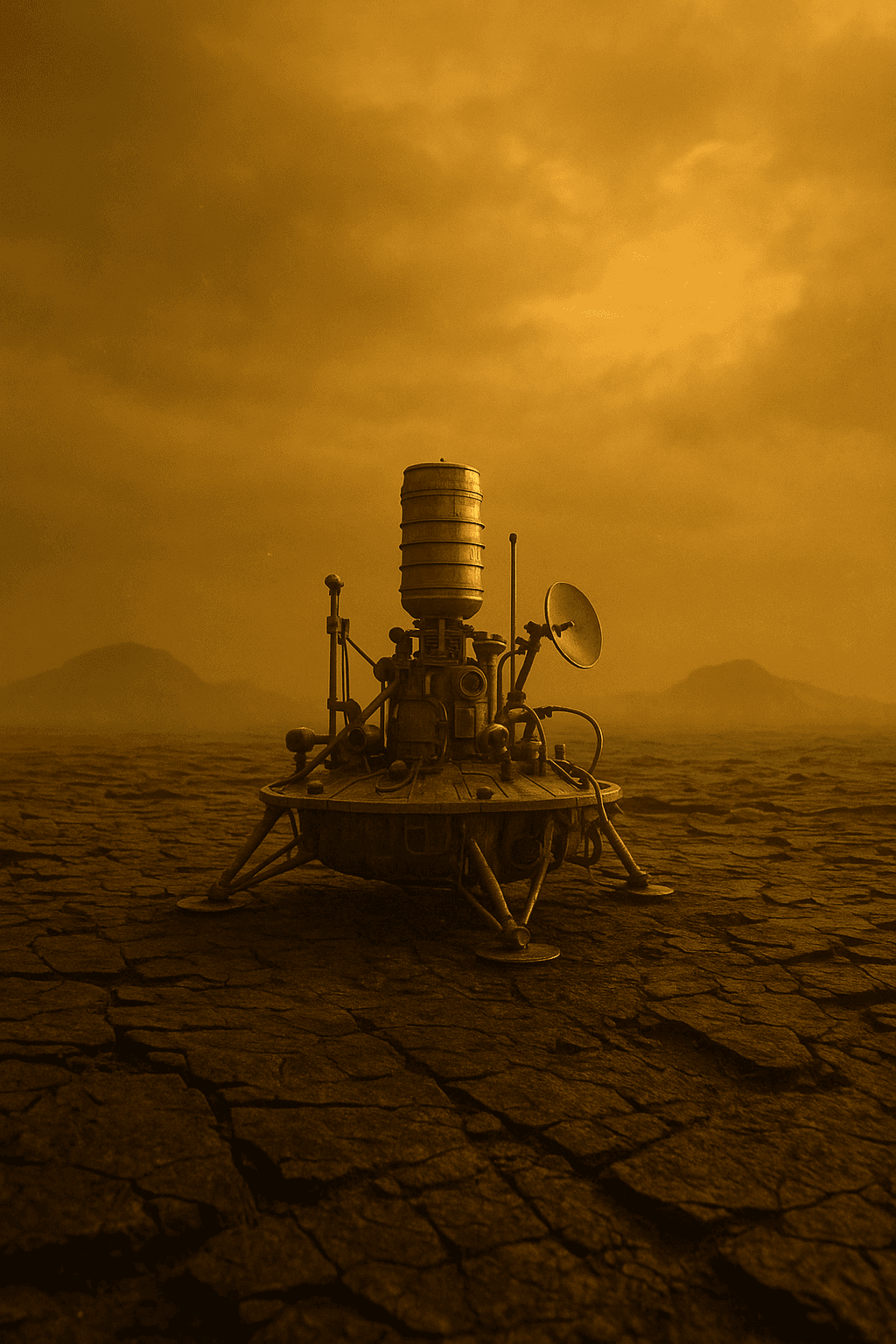 AI generated: A lone Soviet Venera lander rests on the cracked, desolate surface of Venus under a thick, yellow-or...