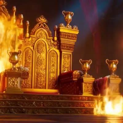 AI generated video: King throne very rich motives, golden, burning down, in flames, lots of movement and color, a crown ...