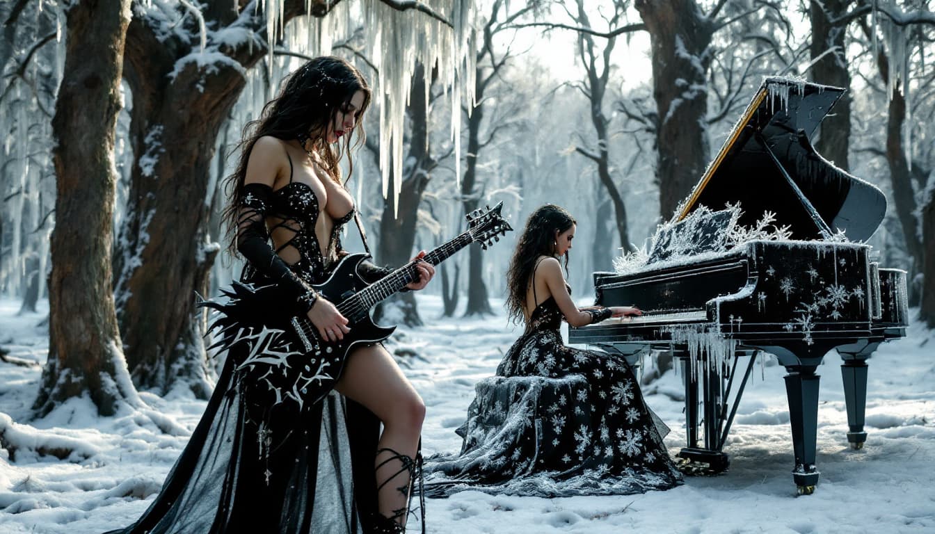 AI generated: From a side angle, the gothic maidens with big breasts are seen performing in a frost-covered forest...