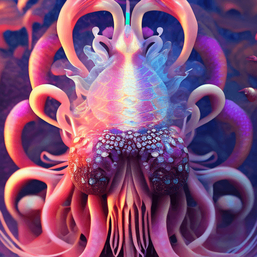 AI generated: Goddess close-up portrait ribcagel. jellyfish phoenix head, nautilus, orchid, skull, betta fish, bio...