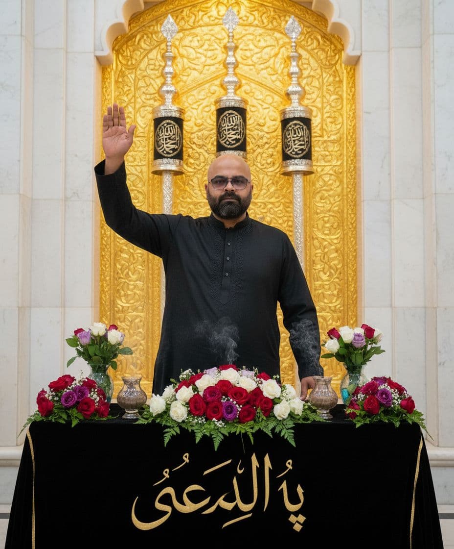 AI generated: Create a hyper-realistic 4K/8K scene inside a beautiful marble Imam Bargah. In front, place a table/...